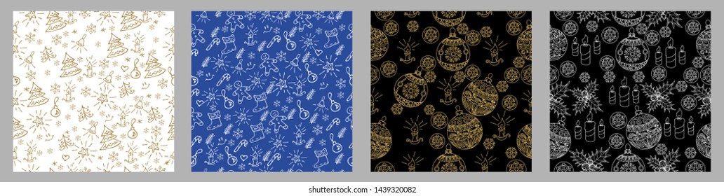 Seamless Pattern. Christmas background hand drawn. White outlines on red. Christmas decoration vector illustration.