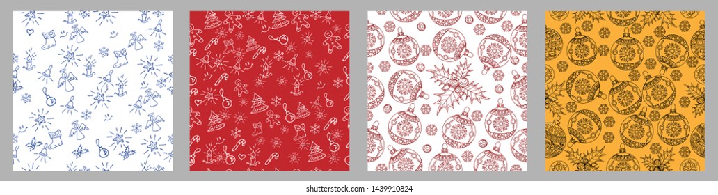 Seamless Pattern. Christmas background hand drawn. White outlines on red. Christmas decoration vector illustration.