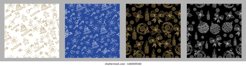 Seamless Pattern. Christmas background hand drawn. White outlines on red. Christmas decoration vector illustration.