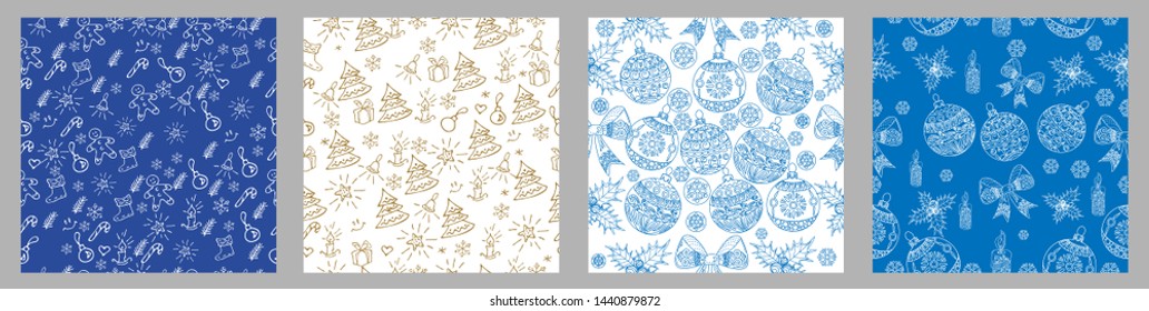 Seamless Pattern. Christmas background hand drawn. White outlines on red. Christmas decoration vector illustration.