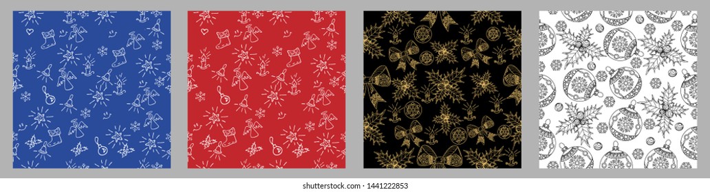 Seamless Pattern. Christmas background hand drawn. White outlines on red. Christmas decoration vector illustration.