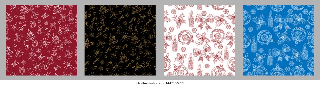 Seamless Pattern. Christmas background hand drawn. White outlines on red. Christmas decoration vector illustration.