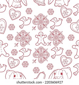 Seamless pattern. Christmas background hand drawn. Red outlines on white. Christmas decorations vector illustration. Line graphics.