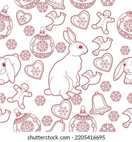 Seamless pattern. Christmas background hand drawn. Red outlines on white. Christmas decorations vector illustration. Line graphics.