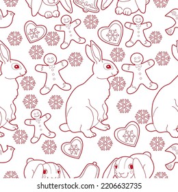 Seamless pattern. Christmas background hand drawn. Red outlines on white. Christmas decorations vector illustration. Line graphics.