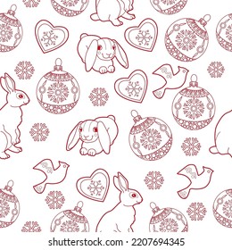 Seamless pattern. Christmas background hand drawn. Red outlines on white. Christmas decorations vector illustration. Line graphics.