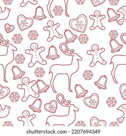Seamless pattern. Christmas background hand drawn. Red outlines on white. Christmas decorations vector illustration. Line graphics.
