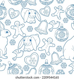 Seamless pattern. Christmas background hand drawn. Red outlines on white. Christmas decorations vector illustration. Line graphics.