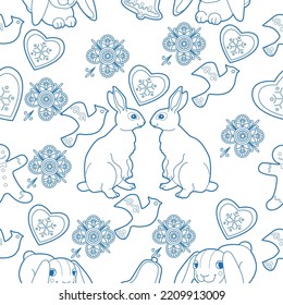 Seamless pattern. Christmas background hand drawn. Red outlines on white. Christmas decorations vector illustration. Line graphics.