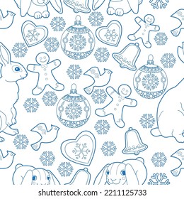 Seamless pattern. Christmas background hand drawn. Red outlines on white. Christmas decorations vector illustration. Line graphics.