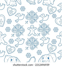 Seamless pattern. Christmas background hand drawn. Red outlines on white. Christmas decorations vector illustration. Line graphics.