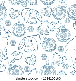 Seamless pattern. Christmas background hand drawn. Blue outlines on white. Christmas decorations vector illustration. Line graphics.