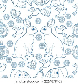 Seamless pattern. Christmas background hand drawn. Blue outlines on white. Christmas decorations vector illustration. Line graphics.