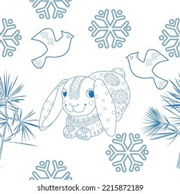 Seamless pattern. Christmas background hand drawn. Blue outlines on white. Christmas decorations vector illustration. Line graphics.
