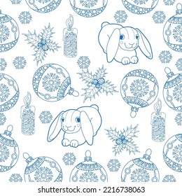 Seamless pattern. Christmas background hand drawn. Blue outlines on white. Christmas decorations vector illustration. Line graphics.