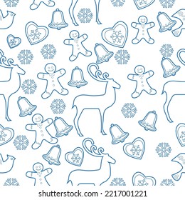 Seamless pattern. Christmas background hand drawn. Blue outlines on white. Christmas decorations vector illustration. Line graphics.