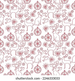 Seamless pattern. Christmas background hand drawn. Red outlines on a white background. Christmas decorations vector illustration. Line graphics.