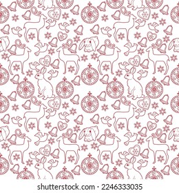 Seamless pattern. Christmas background hand drawn. Red outlines on a white background. Christmas decorations vector illustration. Line graphics.