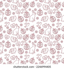 Seamless pattern. Christmas background hand drawn. Red outlines on a white background. Christmas decorations vector illustration. Line graphics.