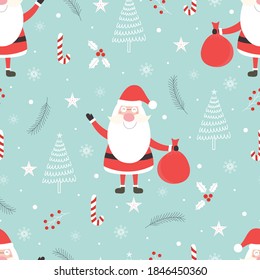 Seamless pattern Christmas background has santa claus with gifts and Christmas tree Hand drawn design in cartoon style, use for print, celebration wallpaper, fabric, textile. Vector illustration