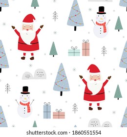 Patrón inmaculado de fondo navideño tiene Santa claus con regalos y árbol de Navidad Diseño dibujado a mano en estilo de dibujos animados, uso para imprimir, papel pintado de celebración, tela, textil. Ilustración del vector