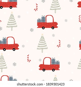 Seamless pattern Christmas background and the red car and gifts   Christmas tree  Hand drawn design in cartoon style  use for print  celebration wallpaper  fabric  textiles  Vector illustration