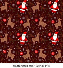 seamless pattern christmas background, santa claus, deer and gifts