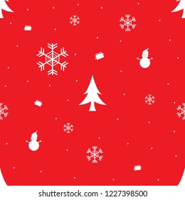 Seamless pattern. Christmas background with snowflakes, tree, snowman and gift. . Vector, illustration.