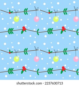 Seamless pattern. Christmas background. Snowflakes, fir branches, balls, red berries. greeting cards, posters, holiday covers. Vector illustration.