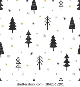 Seamless pattern Christmas background with Christmas tree and stars Hand drawn design in cartoon style, use for print, celebration wallpaper, fabric, textile. Vector illustration