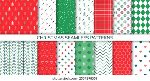 Seamless pattern. Christmas background with tree, dots, zig zag, snowflake, stare and check. Red green prints. Set geometric textures. Collection wrapping papers. Xmas backdrops. Vector illustration