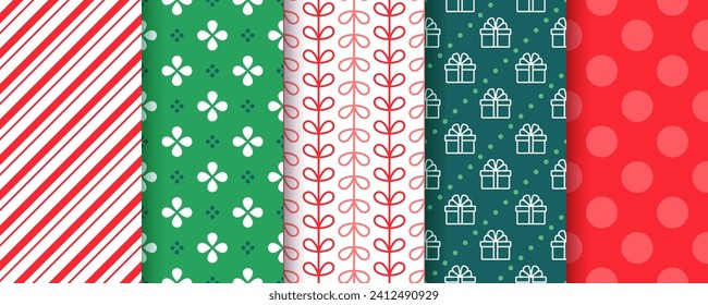 Seamless pattern. Christmas backgrounds with gift box, stripes and polka dots. Xmas New year prints. Set of red green textures. Festive wrapping paper. Collection backdrops. Vector illustration.
