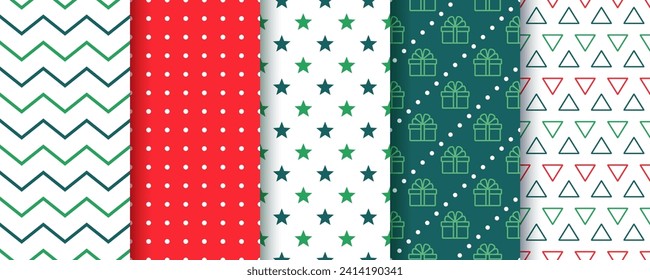 Seamless pattern. Christmas backgrounds. Red green prints with zigzag, polka dot, star, present, triangle. Set holiday textures. Collection wrapping papers. Vector illustration. Xmas New year backdrop