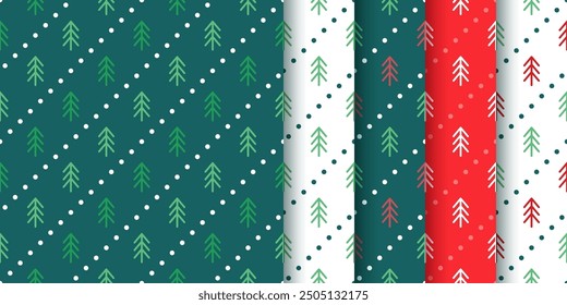 Seamless pattern. Christmas backgrounds with trees. Set of Xmas holiday textures. Scandinavian red green prints. Collection festive wrapping papers. Vector illustration. Geometric New year backdrop.