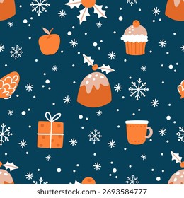Seamless pattern with Christmas baking, gifts and snowflakes. Printable on fabric and wrapping paper.