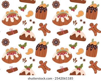 Seamless pattern with Christmas baking on white background. Vector illustration of delicious holiday cake with icing, oranges, cinnamon. Ideal for wrapping paper, holiday background, textile