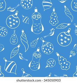 Seamless pattern with Christmas ball in blue color. Doodle style. Wallpaper, background, cover, wrapper, textile.