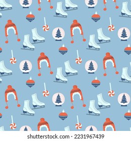 seamless pattern with christmas ball, decorations, red warm cap and skates