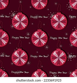 Seamless pattern with christmas ball, snowflakes and inscription happy new year. Marketing material, concept for website banner and social media.