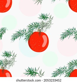 Nahtloses Muster mit einem Weihnachtsball und einem Zweig eines Weihnachtsbaumes.