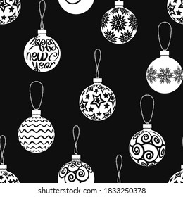 seamless pattern of Christmas balloons. white silhouettes on a black background, lots of details. can be used to create a monochrome background. EPS 10.	