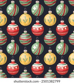 Seamless pattern Christmas balls, baubles on dark background. Hand drawn cartoone style. Perfect for fabric, scrapbooking, banner, card, wrapping paper, textile, wallpaper.