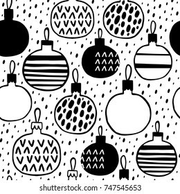 Seamless pattern with Christmas balls in black and white. 