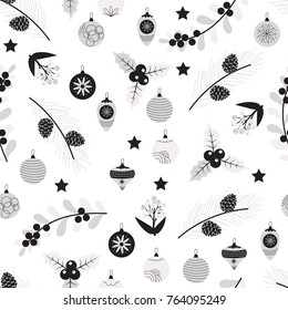 Seamless pattern with christmas balls and branches of Christmas tree in white and black colors. Vector illustration.