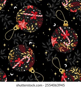 Seamless pattern with christmas balls, canes, herbs on black background. Perfect for holiday invitations, winter greeting cards, wallpaper