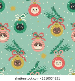 Seamless pattern with Christmas balls with cat faces. Vector graphics.