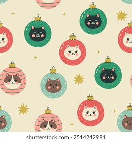 Seamless pattern with Christmas balls with cat faces. Vector graphics