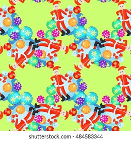 seamless pattern Christmas balls and cheerful Santa Claus on a green background vector illustration
