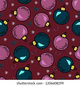 Seamless pattern with christmas balls. Colorful Christmas balls and bows on seamless background.