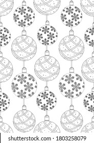 Seamless pattern with Christmas balls for coloring page. Colorless outline vector stock illustration with snowflake ball endless pattern for anti stress therapy for adults